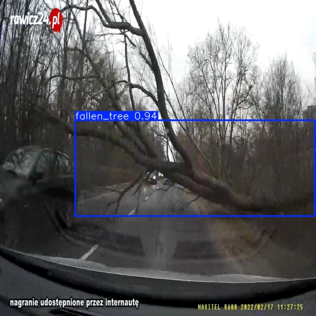 YOLOv8 detection of a road-blocking fallen tree in dashcam footage